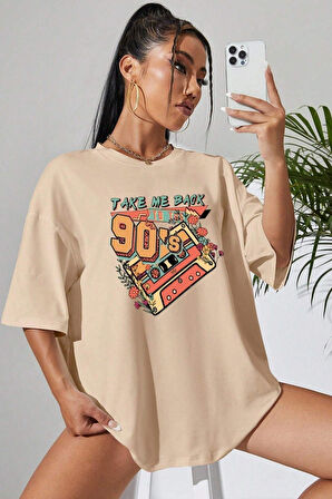 Unisex Siyah Bisiklet Yaka 90's Baskılı Oversize T-Shirt