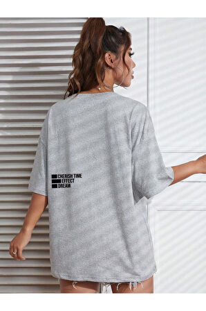 Cherish Time T-Shirt - Siyah Baskılı Oversize Bisiklet Yaka Kısa Kol