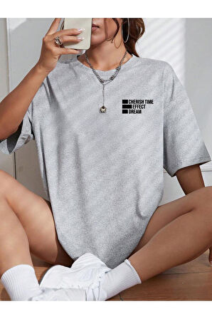 Cherish Time T-Shirt - Siyah Baskılı Oversize Bisiklet Yaka Kısa Kol