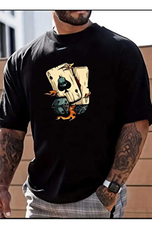 Erkek Zar Kart Baskılı Bisiklet Yaka Oversize Salaş Boyfirend Beyaz T-shirt