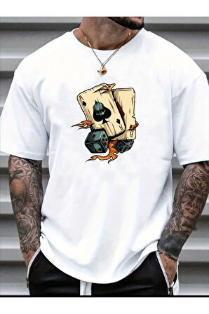 Erkek Zar Kart Baskılı Bisiklet Yaka Oversize Salaş Boyfirend Beyaz T-shirt