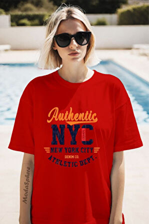 Authentic NYC Baskılı Unisex Oversize Tişört