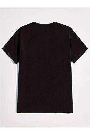 Erkek Oversize Siyah - Beyaz Bisiklet Yaka Paris Yazı Baskılı Tişört