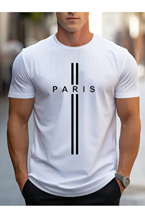 Erkek Oversize Siyah - Beyaz Bisiklet Yaka Paris Yazı Baskılı Tişört