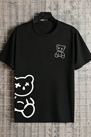 Ayıcık Tişört - Beyaz Baskılı Oversize Yazlık Kısa Kol T-Shirt Bisiklet Yaka