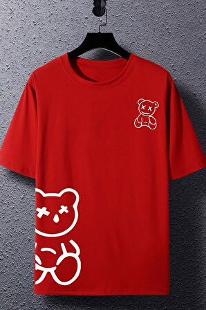 Ayıcık Tişört - Beyaz Baskılı Oversize Yazlık Kısa Kol T-Shirt Bisiklet Yaka