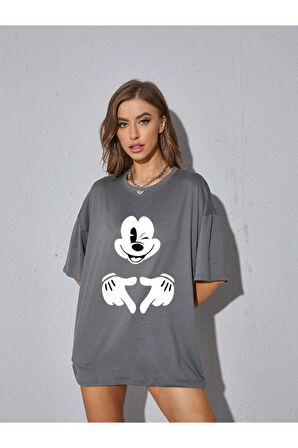 Unisex Kadın/Erkek Mickey Mouse Renkli Özel Baskılı Oversize Pamuk Penye T-Shirt