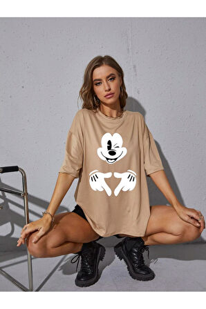 Unisex Kadın/Erkek Mickey Mouse Renkli Özel Baskılı Oversize Pamuk Penye T-Shirt