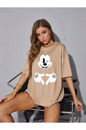 Unisex Kadın/Erkek Mickey Mouse Renkli Özel Baskılı Oversize Pamuk Penye T-Shirt