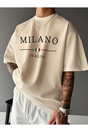 Unisex MILANO Özel Baskılı Oversize Pamuklu Bisiklet Yaka T-Shirt