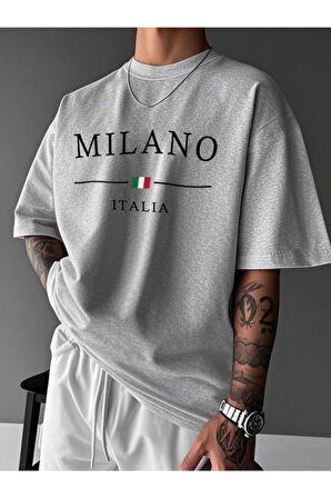 Unisex MILANO Özel Baskılı Oversize Pamuklu Bisiklet Yaka T-Shirt