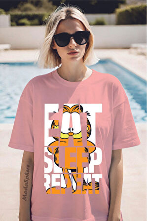 GARFIELD EAT Baskılı Bisiklet Yaka Unisex Oversize Tişört