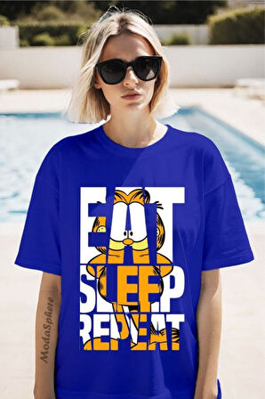 GARFIELD EAT Baskılı Bisiklet Yaka Unisex Oversize Tişört