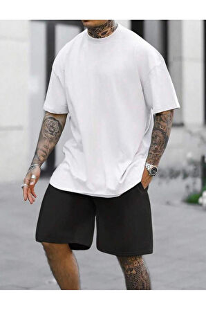 Unisex Siyah Oversize Bisiklet Yaka Alt Üst T-shirt Şortlu ikili Takım
