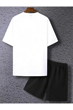 Unisex Siyah Oversize Bisiklet Yaka Alt Üst T-shirt Şortlu ikili Takım