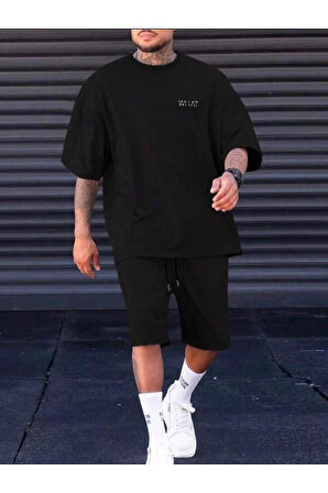 Oversize Bisiklet Yaka Alt Üst T-shirt Şortlu WHAT Baskılı İkili Takım