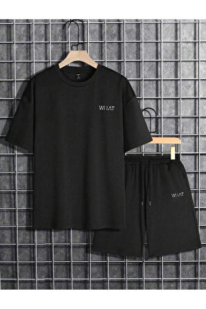 Oversize Bisiklet Yaka Alt Üst T-shirt Şortlu WHAT Baskılı İkili Takım