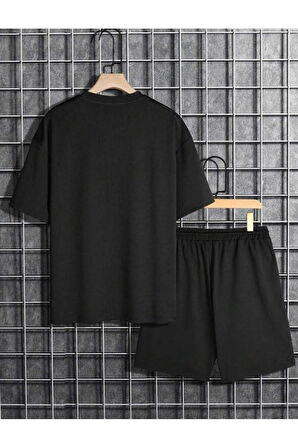 Oversize Bisiklet Yaka Alt Üst T-shirt Şortlu WHAT Baskılı İkili Takım