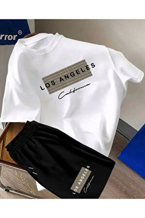 Oversize Bisiklet Yaka Alt Üst T-shirt Şortlu LOS ANGELES Baskılı ikili Takım