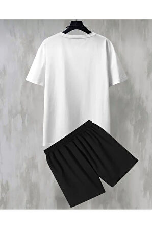 Oversize Bisiklet Yaka Alt Üst T-shirt Şortlu LOS ANGELES Baskılı ikili Takım