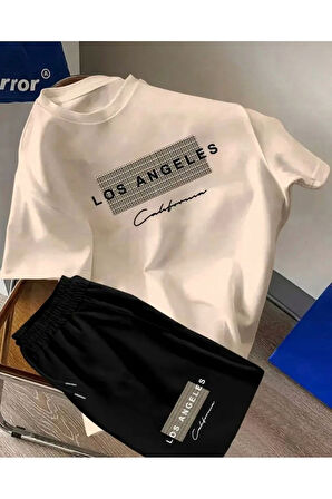 Oversize Bisiklet Yaka Alt Üst T-shirt Şortlu LOS ANGELES Baskılı ikili Takım