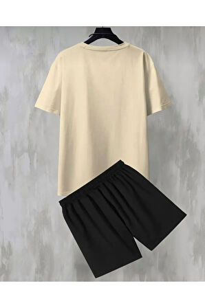 Oversize Bisiklet Yaka Alt Üst T-shirt Şortlu LOS ANGELES Baskılı ikili Takım