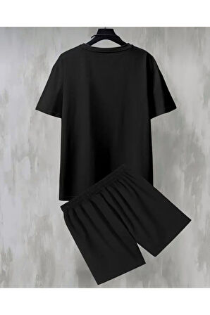 Oversize Bisiklet Yaka Alt Üst T-shirt Şortlu LOS ANGELES Baskılı ikili Takım