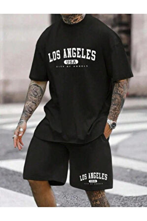LOS ANGELES U.S.A. Baskılı Oversize Bisiklet Yaka Alt Üst T-shirt Şortlu ikili Takım