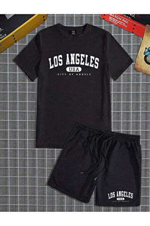 LOS ANGELES U.S.A. Baskılı Oversize Bisiklet Yaka Alt Üst T-shirt Şortlu ikili Takım