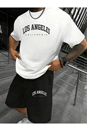 LOS ANGELES U.S.A. Baskılı Oversize Bisiklet Yaka Alt Üst T-shirt Şortlu ikili Takım