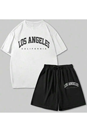 LOS ANGELES U.S.A. Baskılı Oversize Bisiklet Yaka Alt Üst T-shirt Şortlu ikili Takım