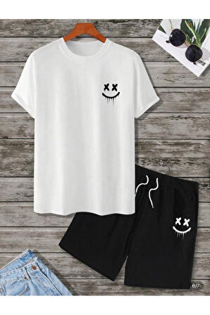 Oversize Bisiklet Yaka Alt Üst T-shirt Şortlu GÜLEN YÜZ Baskılı ikili Takım Unisex