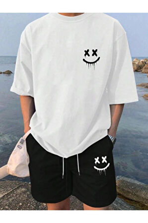 Oversize Bisiklet Yaka Alt Üst T-shirt Şortlu GÜLEN YÜZ Baskılı ikili Takım Unisex