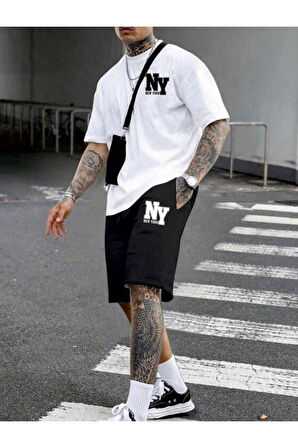 Oversize Bisiklet Yaka Alt Üst T-shirt Şortlu NY Newyork Baskılı ikili Takım