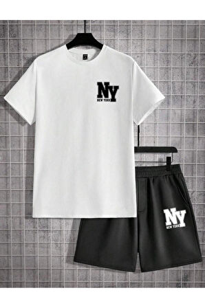 Oversize Bisiklet Yaka Alt Üst T-shirt Şortlu NY Newyork Baskılı ikili Takım