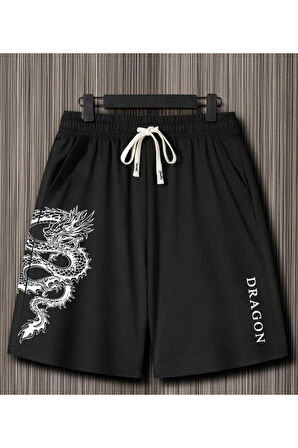 Erkek Dragon Baskılı Bermuda Cepli Kordon Detaylı Regular Fit Kalıp Siyah Şort