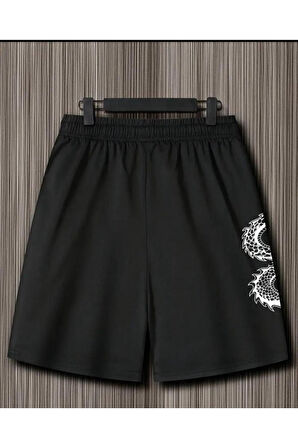 Erkek Dragon Baskılı Bermuda Cepli Kordon Detaylı Regular Fit Kalıp Siyah Şort