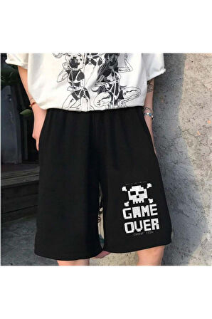 GAME OVER Baskılı Siyah Unisex Şort