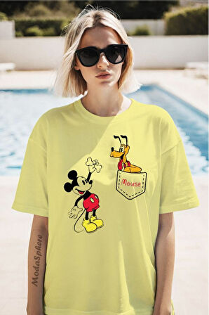 MICKEY Baskılı Cep Görselli Unisex Oversize Tişört