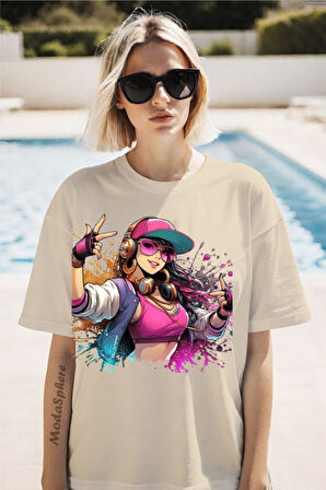 Şapkalı Kız Baskılı Unisex Oversize Tişört