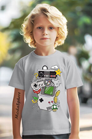GAMEBOY BASKILI BİSİKLET YAKA KISA KOLLU ÇOCUK TİŞÖRT