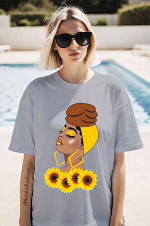 Bandanalı Kadın Baskılı Kısa Kollu Oversize Tişört