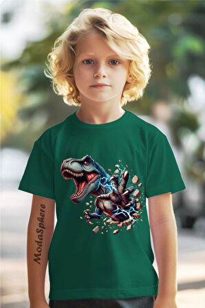 DİNAZOR BASKILI BİSİKLET YAKA KISA KOLLU ÇOCUK TİŞÖRT