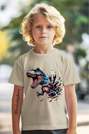 DİNAZOR BASKILI BİSİKLET YAKA KISA KOLLU ÇOCUK TİŞÖRT