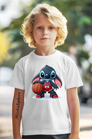 BASKETBOLCU STITCH BASKILI BİSİKLET YAKA KISA KOLLU ÇOCUK TİŞÖRT