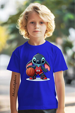 BASKETBOLCU STITCH BASKILI BİSİKLET YAKA KISA KOLLU ÇOCUK TİŞÖRT