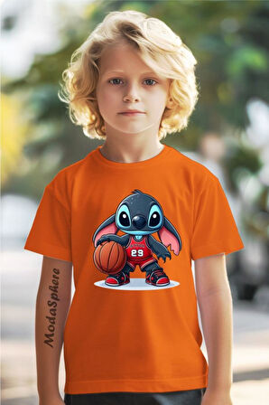 BASKETBOLCU STITCH BASKILI BİSİKLET YAKA KISA KOLLU ÇOCUK TİŞÖRT