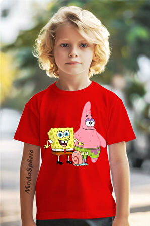 SÜNGER BOB BASKILI BİSİKLET YAKA KISA KOLLU ÇOCUK TİŞÖRT