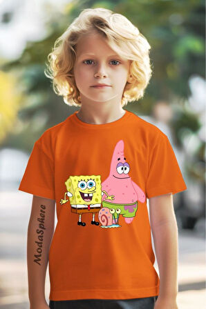 SÜNGER BOB BASKILI BİSİKLET YAKA KISA KOLLU ÇOCUK TİŞÖRT