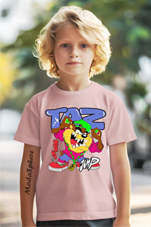 TAZMANYA CANAVARI BASKILI BİSİKLET YAKA KISA KOLLU ÇOCUK TİŞÖRT